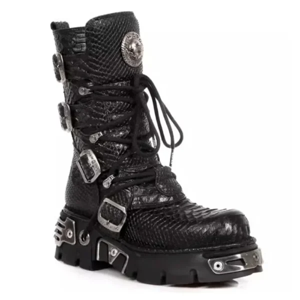 بوت ساق بلند چرم طبیعی پانک سگک دار طرح برجسته