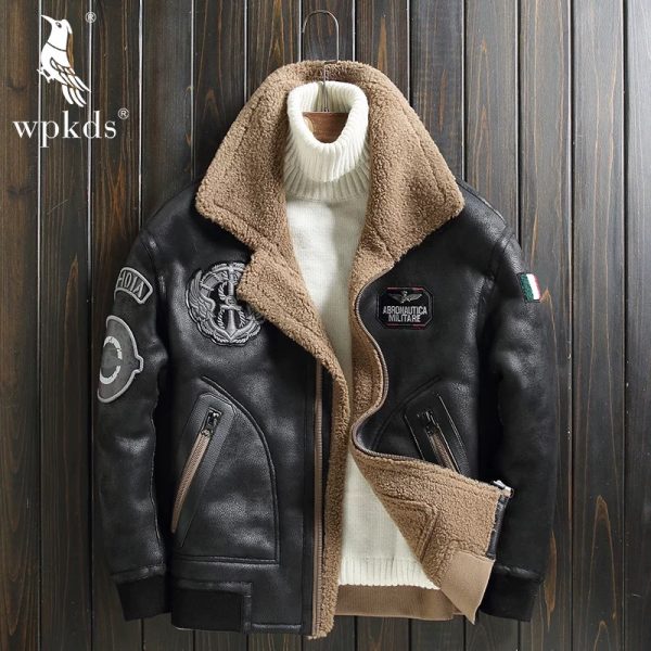 کت چرم طبیعی خلبانی پشمی AYUNSUE