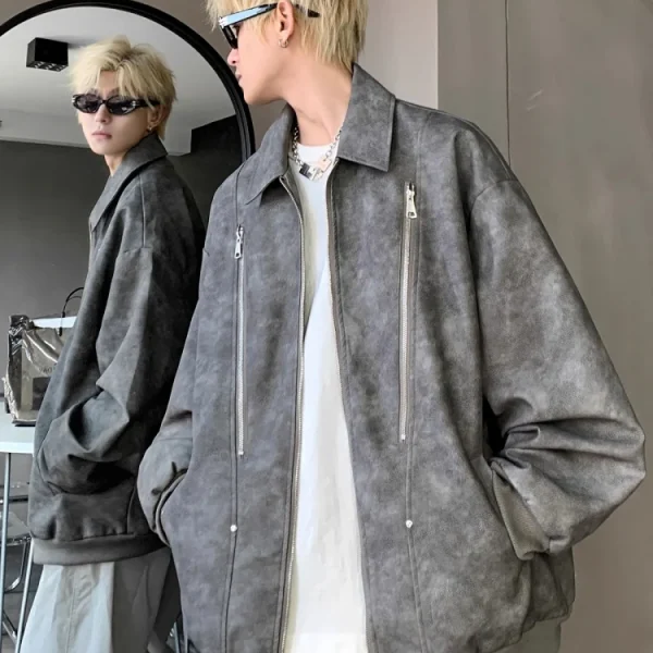 کت چرم رترو پرداخت شده Fit Zipper